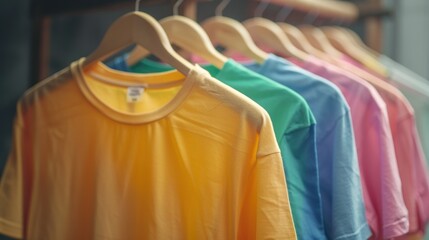Obraz premium Colorful t-shirts on hangers, close-up view.