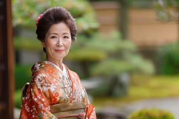 Fototapeta premium An elderly Japanese woman smiles warmly, dressed in a vibrant floral kimono, standing in a tranquil Japanese garden setting. 