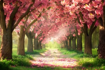 Naklejka premium Pathway Through a Pink Blossom Tunnel