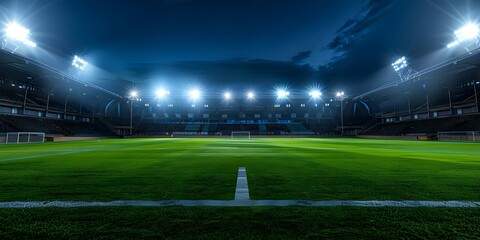 Dramatic Scene Soccer Stadium Shining Brightly at Night. Concept Dramatic Scene, Soccer Stadium, Night Lights, Bright Illumination
