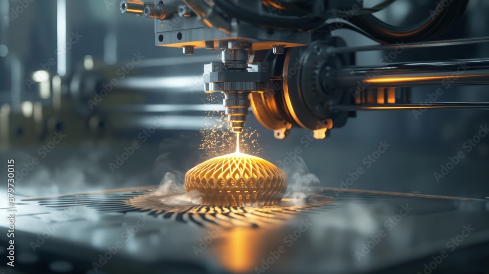 Poster laser-powered 3d printer creating intricate metal design with precision and heat.