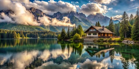 Fototapeta premium Serene Mountain Cabin Reflection in a Pristine Lake, Mountain Reflection, Lake Reflection, Cabin in the Woods, Mountain Landscape