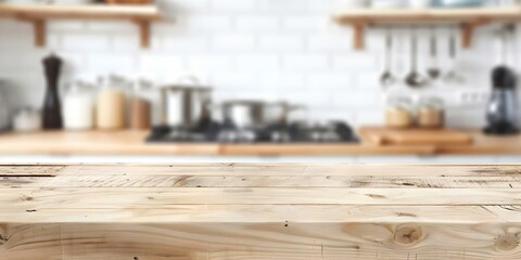 Kitchen background with wooden table ideal for food blogger advertising campaign. Concept Food Photography, Kitchen Setting, Wooden Tabletop, Blogger Advertising, Advertising Campaign