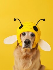 Golden retriever wearing a cute bumblebee costume with yellow background, adorable dog in disguise