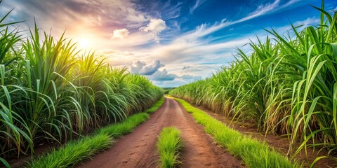 Sugarcane Field Path at Sunset, Lush Green, Dirt Path, Sunlight, Clouds, sugarcane, field, path, sunset