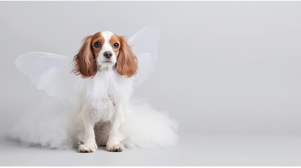 Cavalier King Charles Spaniel in white fairy costume with wings, grey background
