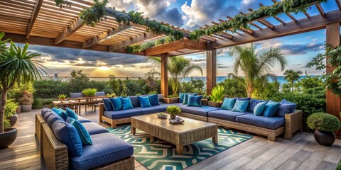 Obraz premium Sunset View from Patio Deck with Wooden Pergola, blue couches, and green rug, sea view, outdoor living, tropical, patio furniture
