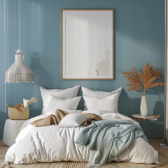3D render of a mock-up frame in a bedroom interior with coastal style, featuring sea-themed decor and furniture.