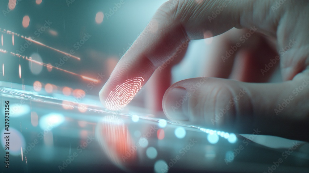 Poster finger pressing a touchscreen for fingerprint authentication with glowing biometric data.
