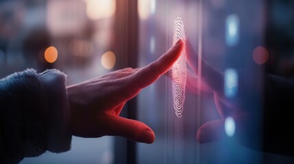 Closeup of a hand touching a digital fingerprint scanner on a touchscreen for biometric authentication.