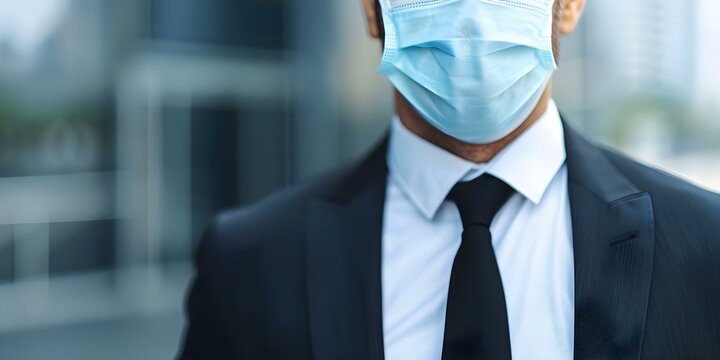 Businessman from the city takes a bold step by removing his face mask for crucial corporate task. Concept Businessman removing face mask, Corporate task, Cityscape background, Bold decision