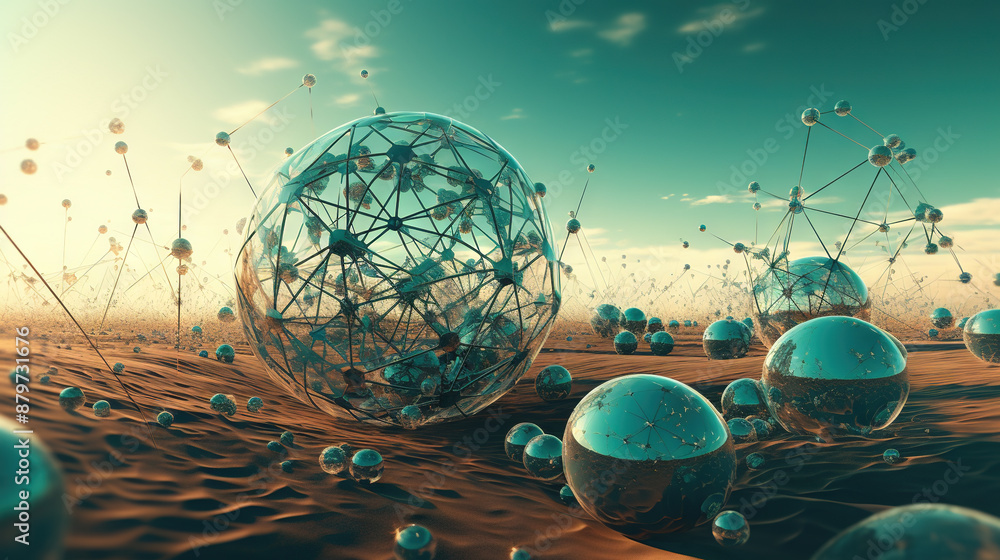 Poster Abstract scfi-fi landscape with connected 3D balls and molecular grid structure. Futuristic surreal abstraction.