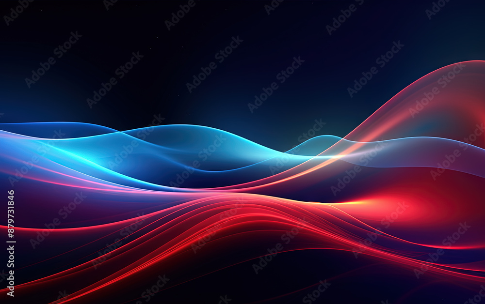 Poster vibrant abstract blue and red waveform with fluid motion and colorful gradients.