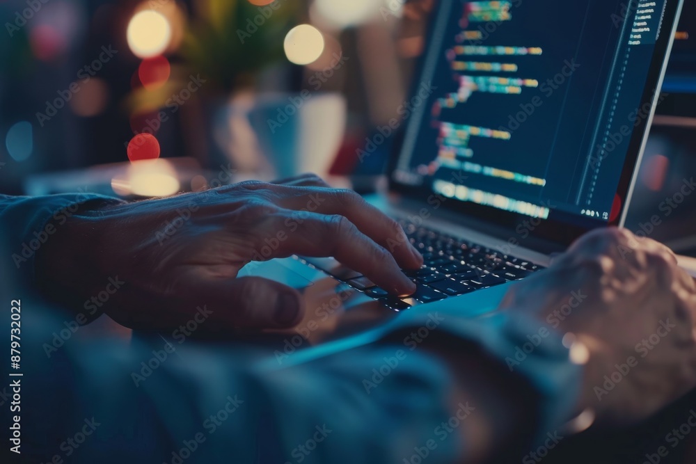 Poster close-up of a developer's hands typing on a laptop keyboard, lit by the glow of the screen and nearb