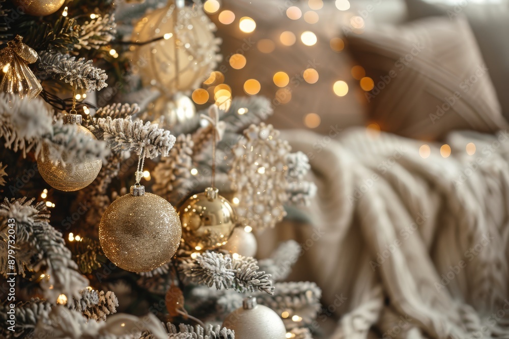 Poster a close-up view of a decorated christmas tree with sparkling ornaments and twinkling lights. the tre