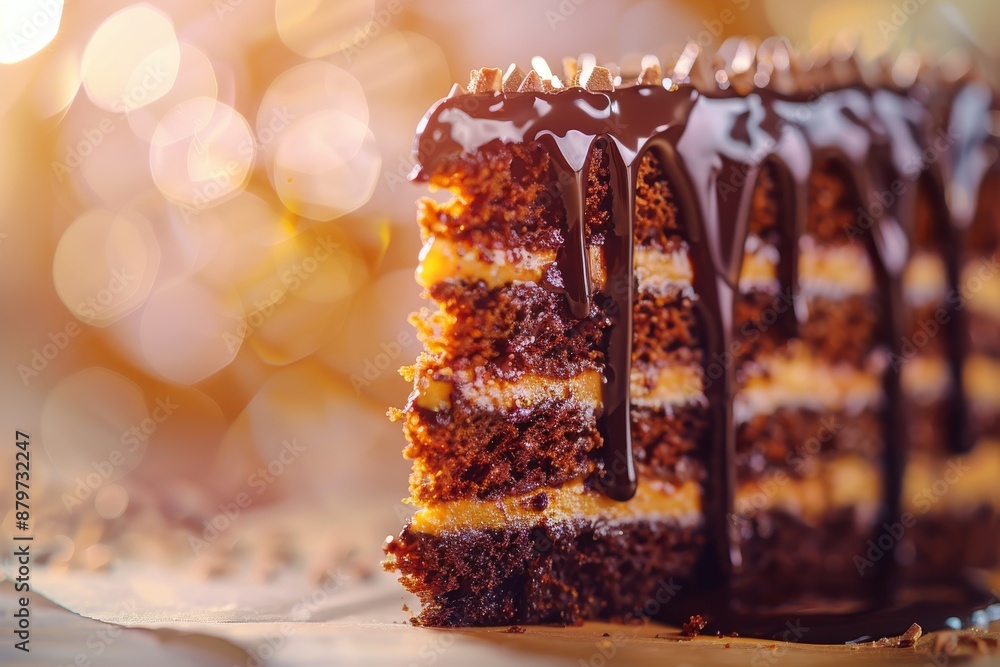 Poster a close-up of a slice of chocolate cake with layers of frosting and drizzled ganache. the cake is ph