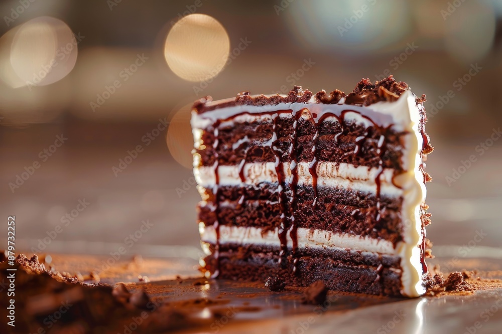 Poster a single slice of chocolate cake with layers of frosting and drizzled ganache sits on a table with a