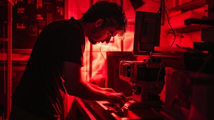 A man develops film in a darkroom under red light, shadows dancing around him—an artistic, meticulous moment.