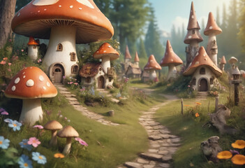 Obraz premium A fairytale village in forest. Fantasy city with mushroom houses on meadow with flowers, wood and grass