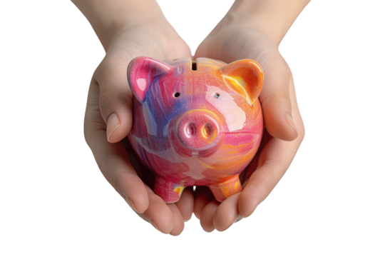 Two hands gently cradling a colorful piggy bank. A symbol of savings, financial security, and childhood.