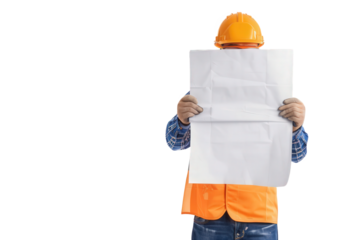 Construction worker in safety gear reviewing blueprints.