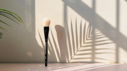 A clean, minimalist setup featuring a single makeup brush resting on a white surface