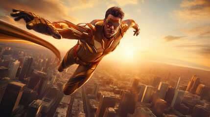 Superhero flying in the sky with costume and cape. Action movie blockbuster shot.