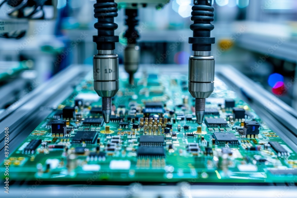 Poster robotic arms precisely place components onto a circuit board during the assembly process in a high-t