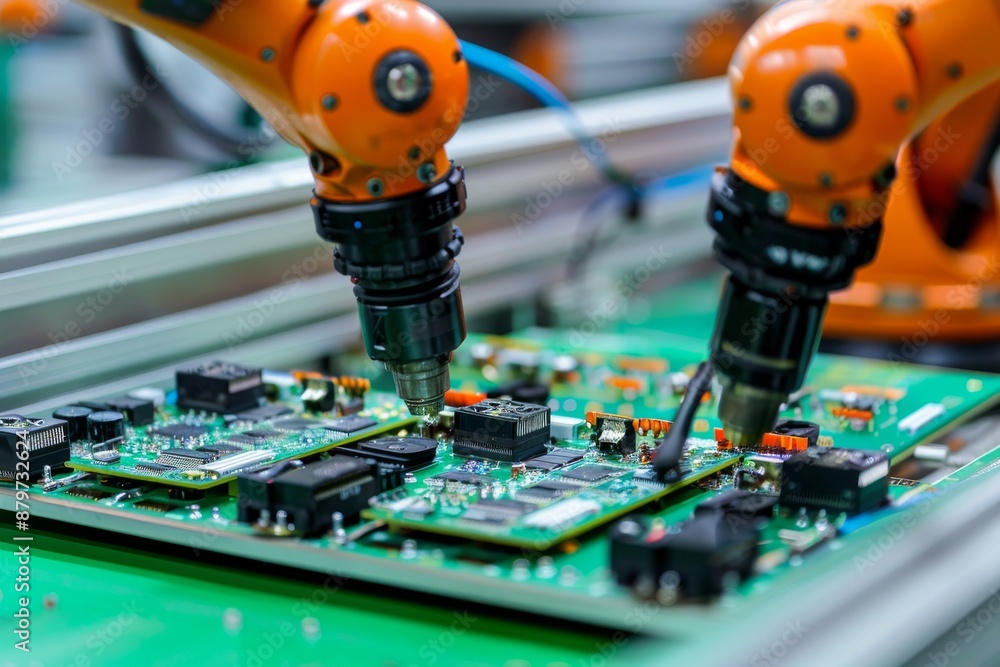 Poster two robotic arms are working in tandem, assembling electronic circuit boards on an automated assembl