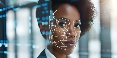 Enhancing Security Measures with Facial Recognition A Black Woman Cyber Analyst's Approach. Concept Facial Recognition, Security Measures, Black Woman, Cyber Analyst, Enhancing Security