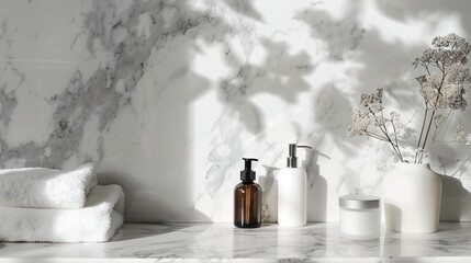 A minimalist arrangement of skincare products on a marble countertop, with plenty of white space