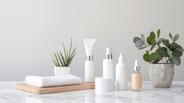 A minimalist arrangement of skincare products on a marble countertop, with plenty of white space