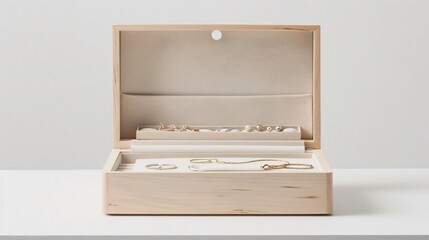 A minimalist jewelry box open to reveal just a few select pieces, arranged neatly inside