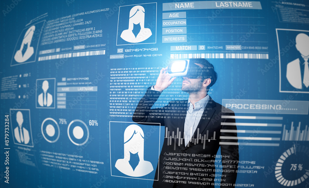 Poster caucasian project manager looking and planning identity verify or security system by nusing visual r