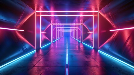 futuristic neon light tunnel with a vanishing point perspective