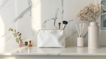 A minimalist vanity table with just a single, chic makeup bag slightly open, revealing a few essentials