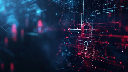 Obraz premium Digital Security Concept. Red Padlock and Network on Dark Background 3D Illustration. Generative AI