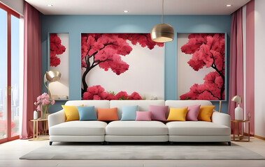 A beautiful modern living room with a luxurious style and a painting on the wall, Nice view