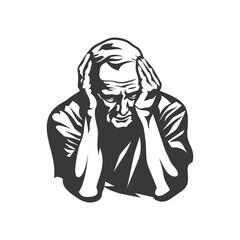 Monochrome Illustration of Elderly Man in Distress, Hands Clasping Head