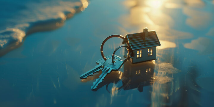 House Key on Beach at Sunset Reflecting Coastal Real Estate Dreams