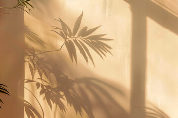 Tranquil Sunlit Plant Shadow on Beige Wall Captures Perfect Natural Serenity