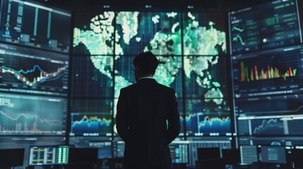 A man is standing in front of a computer monitor with a lot of graphs. Generate AI image