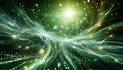 Fototapeta premium Abstract green energy particles and waves magical bright glowing futuristic hitech with blur effect