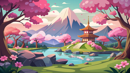 A pink blossom forest with a pond, cherry trees, mountains, and a Japanese garden with a lake, sakura, and rock cartoon background
