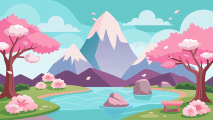 A pink blossom forest with a pond, cherry trees, mountains, and a Japanese garden with a lake, sakura, and rock cartoon background
