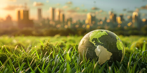 Sustainable Urban Development - Green Planet and City Skyline at Sunrise
Environmental Conservation in Urban Areas - Globe in Grass
