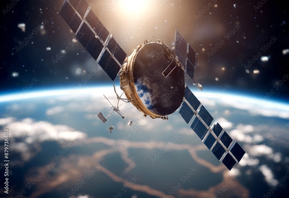 Poster orbiting earth satellite image displaying