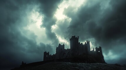 Fototapeta premium A castle stands on a hill, silhouetted against the backdrop of storm clouds.