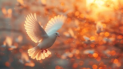 White Dove Soaring Through Golden Sunlight