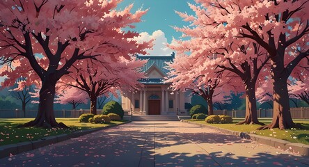Fluid anime school background with cherry blossom trees, in the style of cartoon, pastel colors, high resolution, high detail, high quality